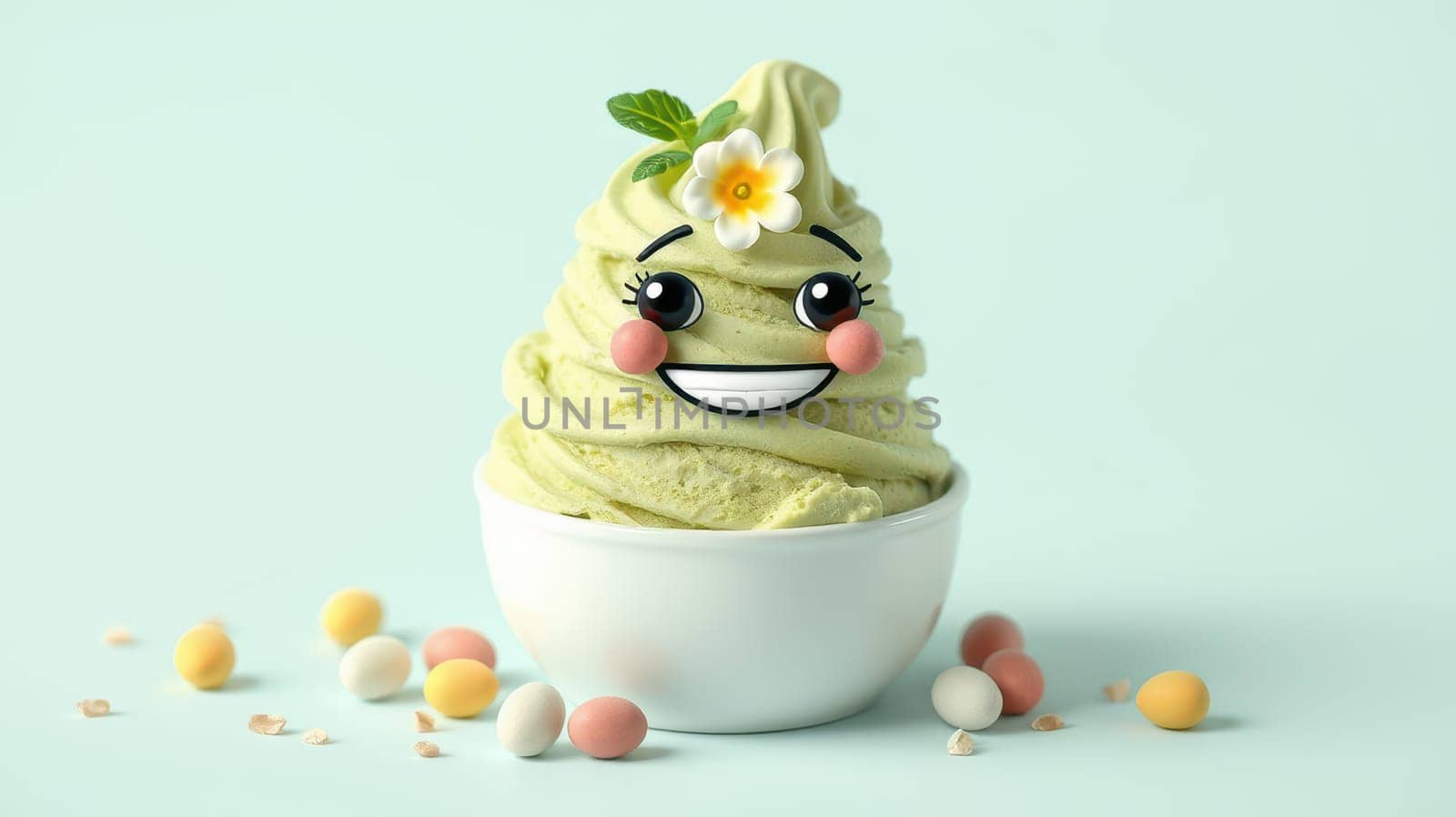 A delightful soft serve ice cream with a cheerful face sits in a white bowl. The green treat is topped with a flower and surrounded by colorful pastel candies, creating a playful atmosphere.