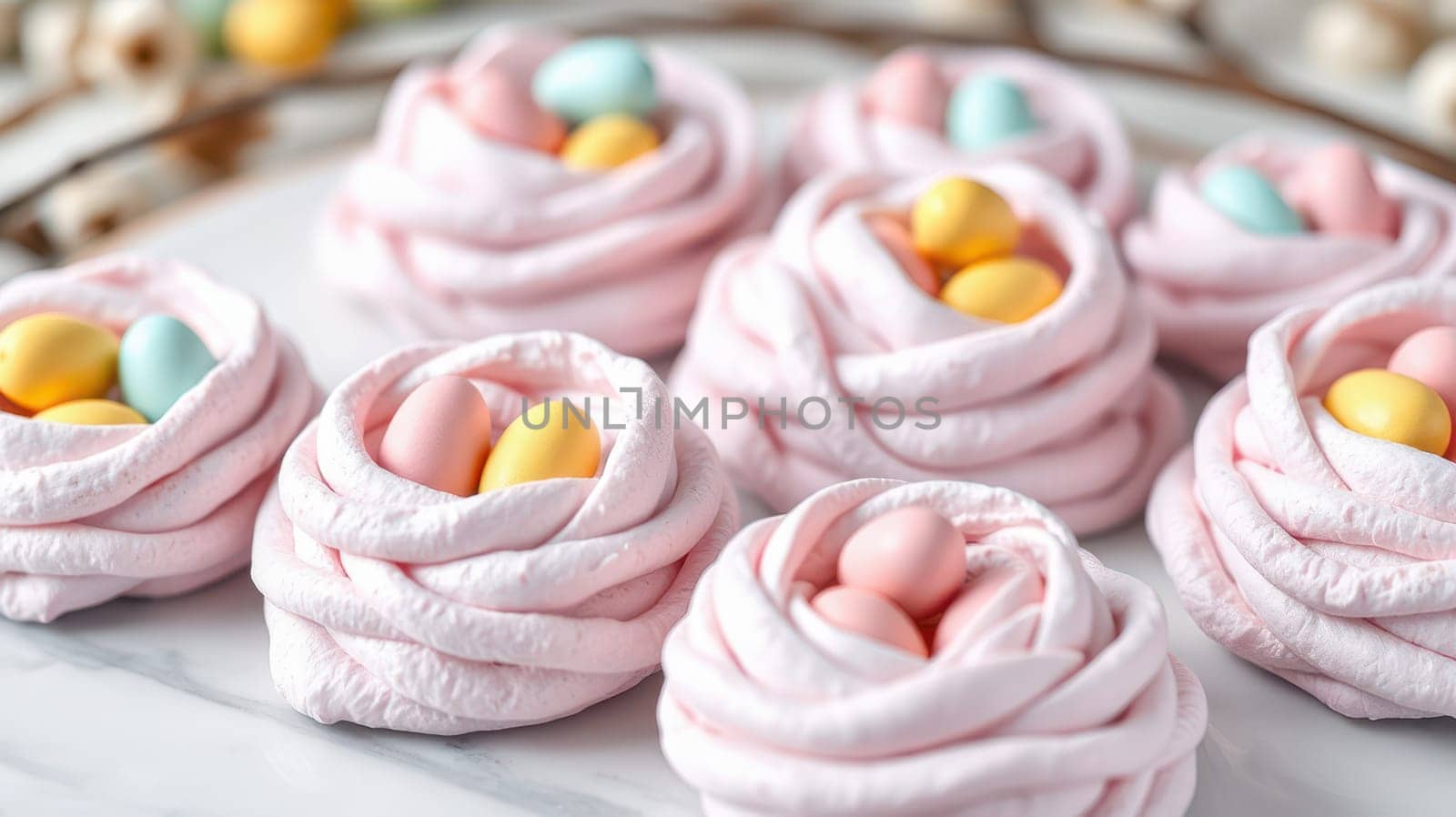 Sweet meringue nests feature soft pink swirls, each filled with vibrant candy eggs. Perfect for spring gatherings and festive occasions, these treats delight all ages.