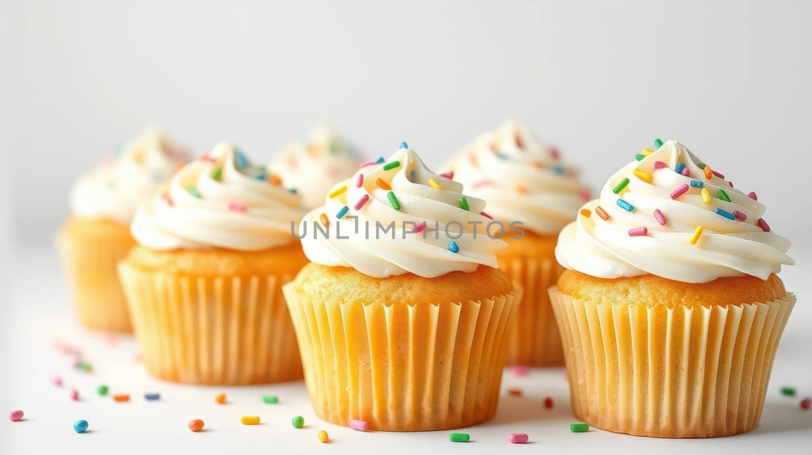Delicious vanilla cupcakes topped with creamy frosting and vibrant sprinkles are meticulously arranged on a clean surface, creating an inviting display for dessert lovers.