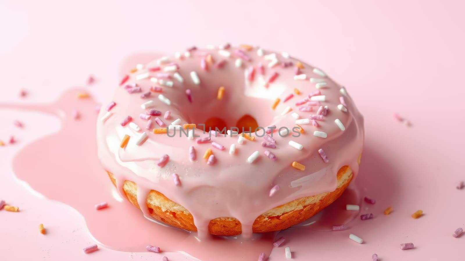 A pink glazed donut sits beautifully on a smooth pastel pink surface, adorned with vibrant sprinkles. The sweet treat appears enticing and ready to eat.