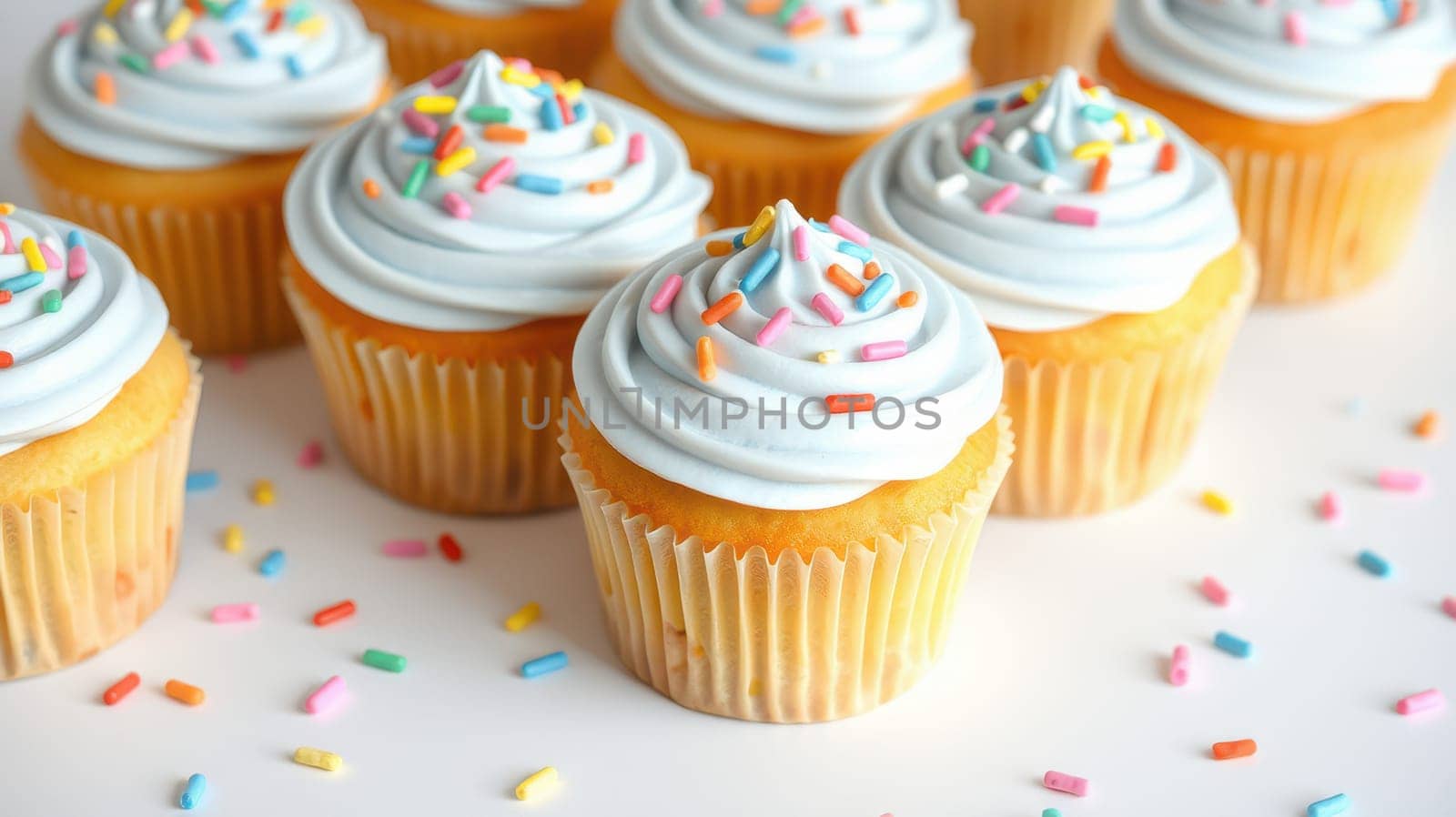 Sweet cupcakes topped with light blue frosting and vibrant sprinkles are beautifully arranged on a white surface. The treats create a festive and inviting atmosphere perfect for celebrations.