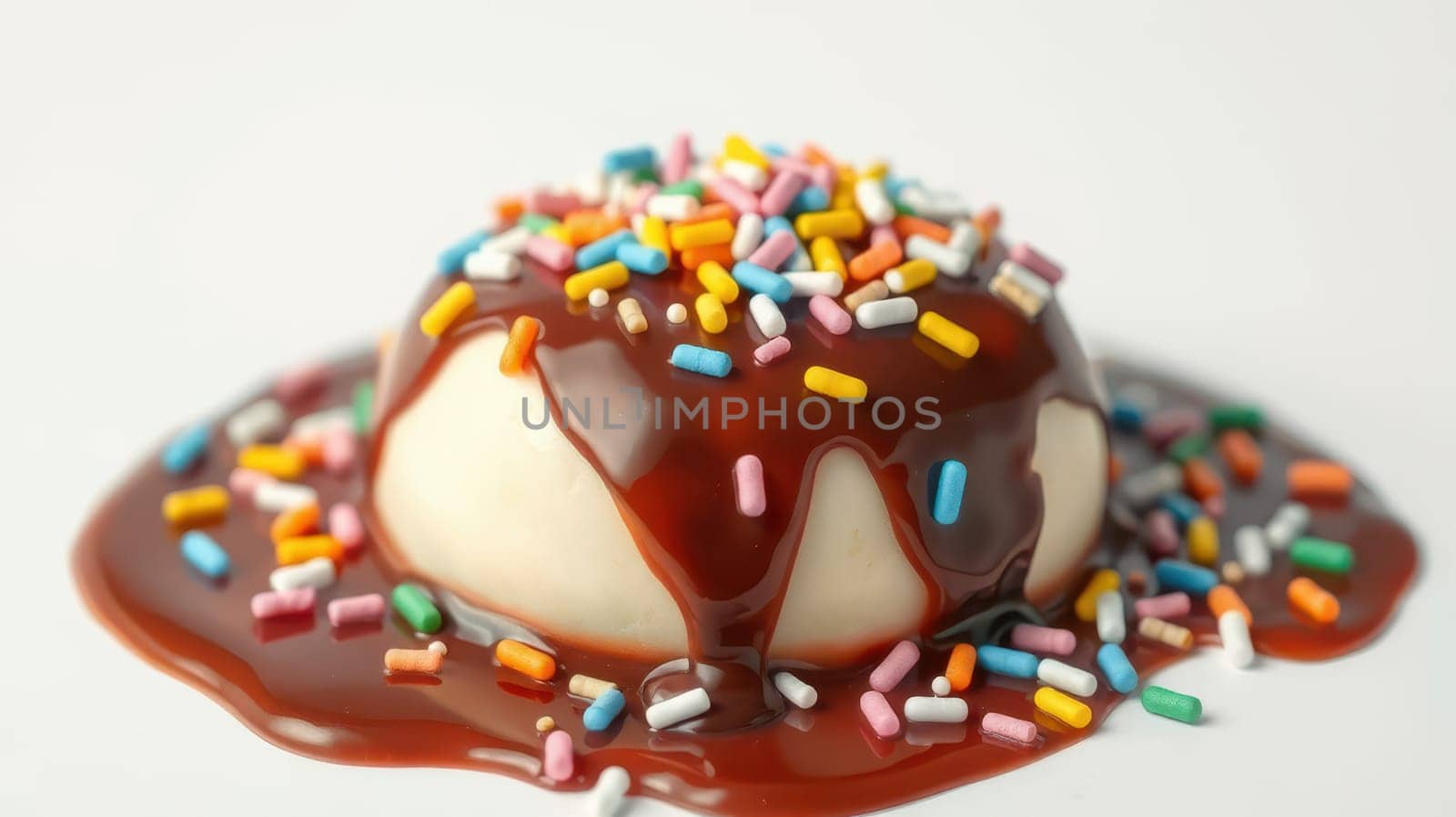 Creamy vanilla ice cream served in a dome shape, generously drizzled with thick chocolate sauce and scattered with vibrant sprinkles, creating an enticing treat.