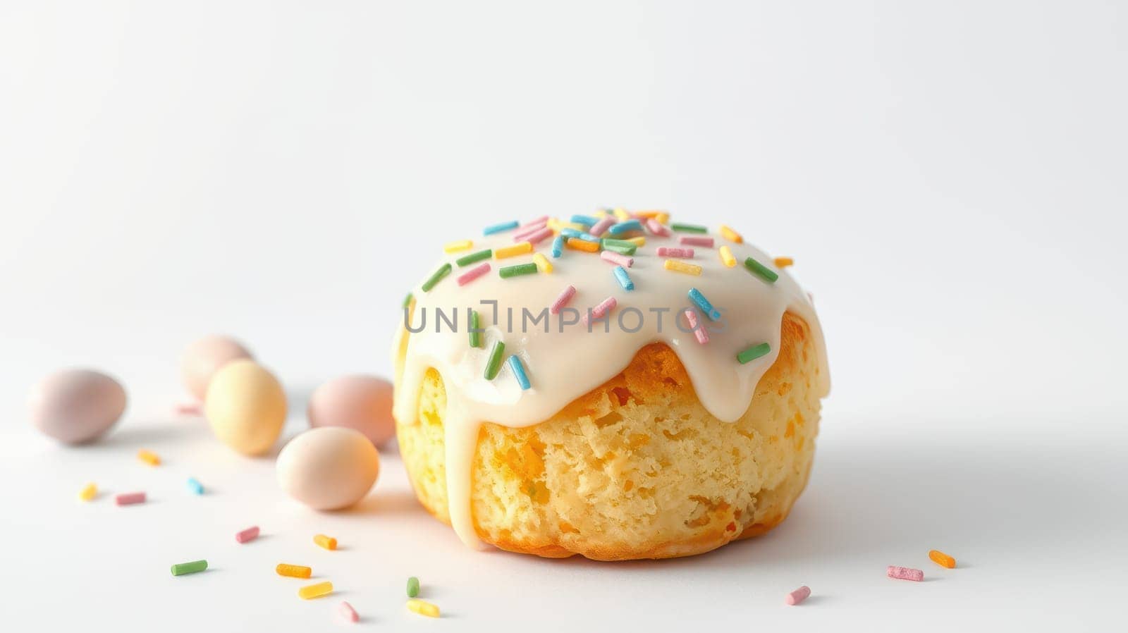 A freshly baked cupcake is adorned with soft frosting and vibrant sprinkles. Nearby, small candy eggs add a festive touch to the sweet treat, creating an inviting atmosphere.