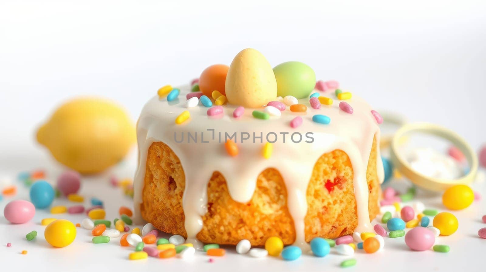 A festive cake topped with white icing, mini chocolate eggs, and colorful sprinkles sits on a table surrounded by assorted candies. Cheerful atmosphere captures the joy of Easter celebrations.