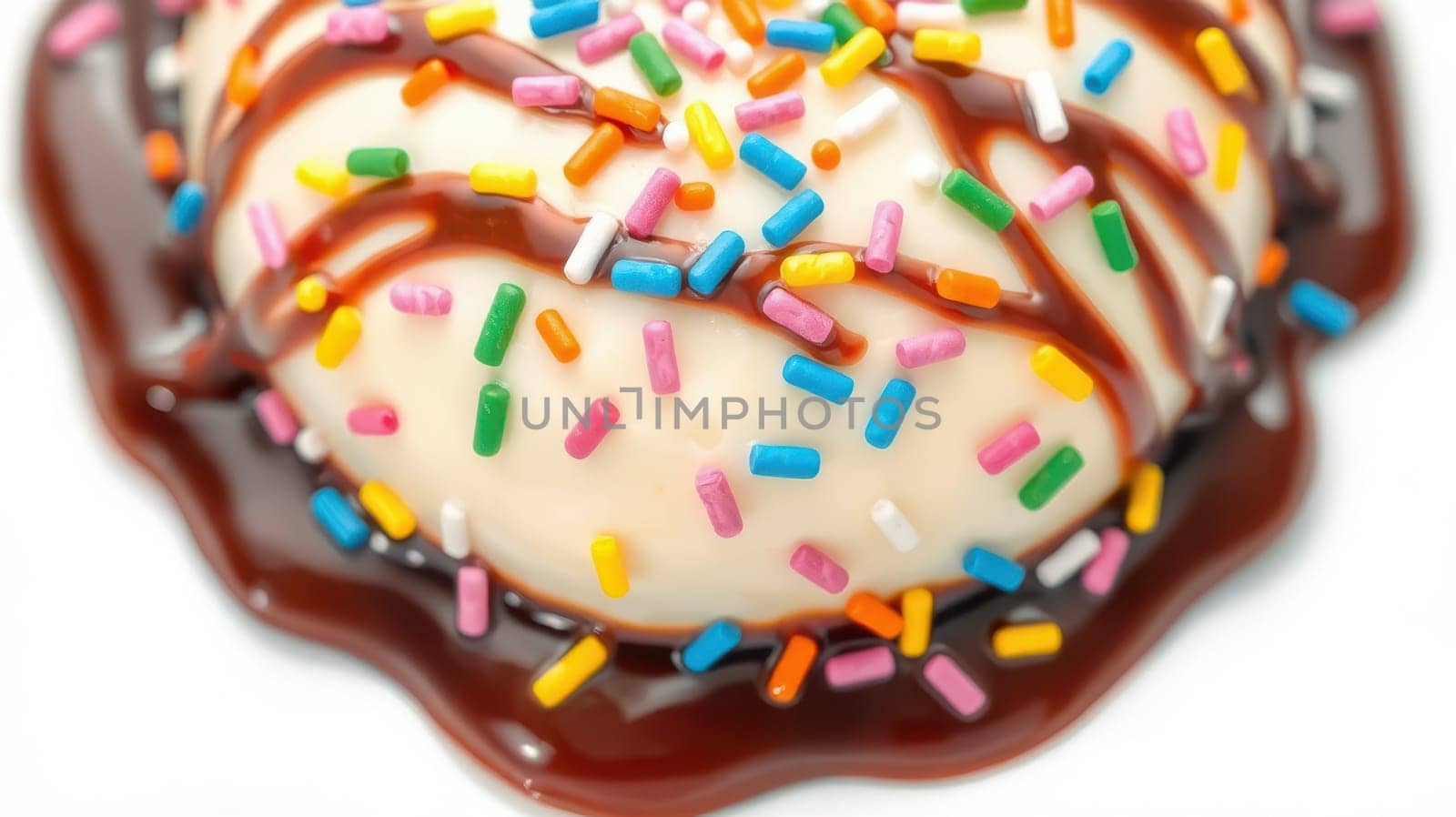A creamy scoop of ice cream is covered in rich chocolate sauce, sprinkled with vibrant confetti. The treat looks enticing and ready to be enjoyed at a celebration or special occasion.