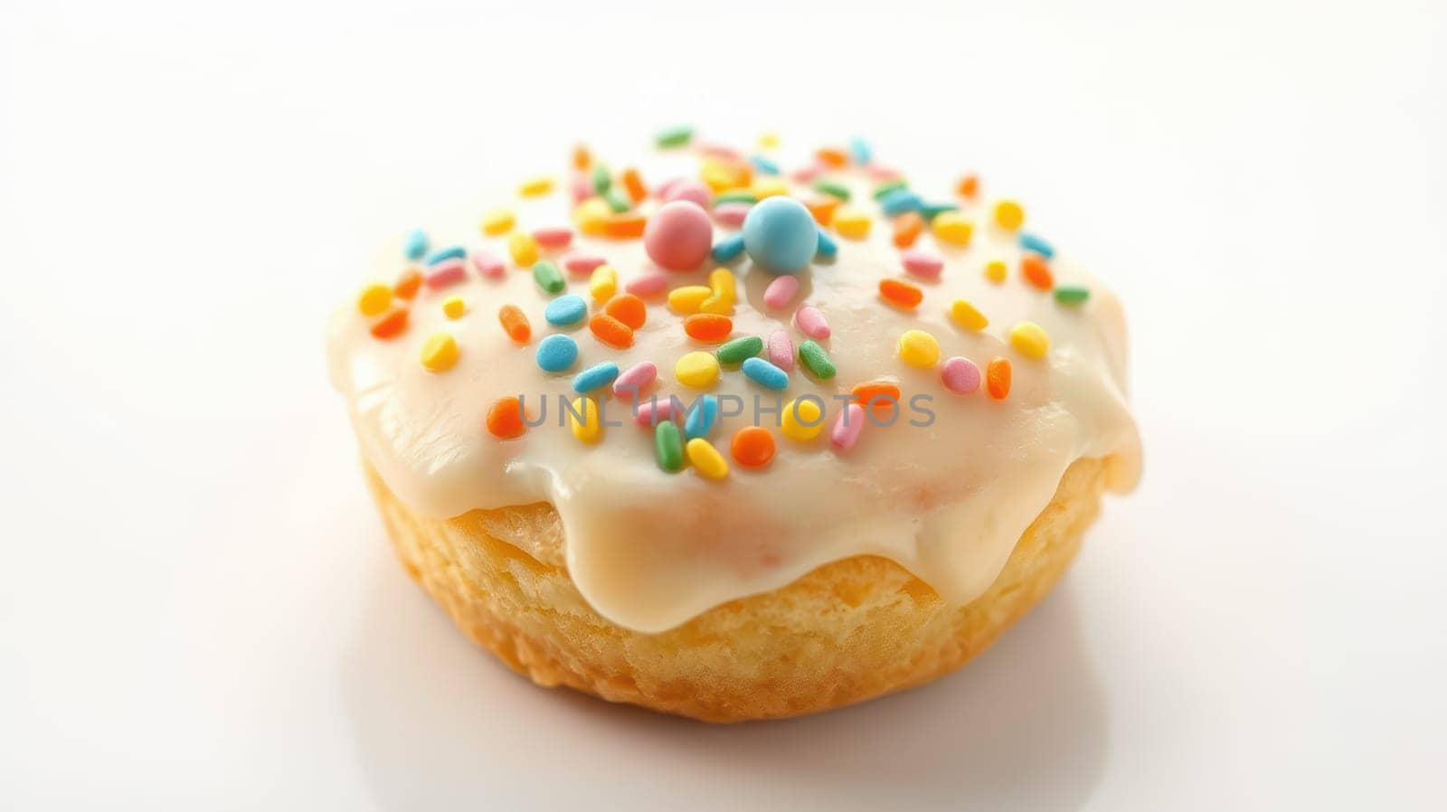 A frosted cupcake sits brightly on a plain surface, adorned with vibrant, colorful sprinkles that make it look inviting and perfect for any celebration or snack time.