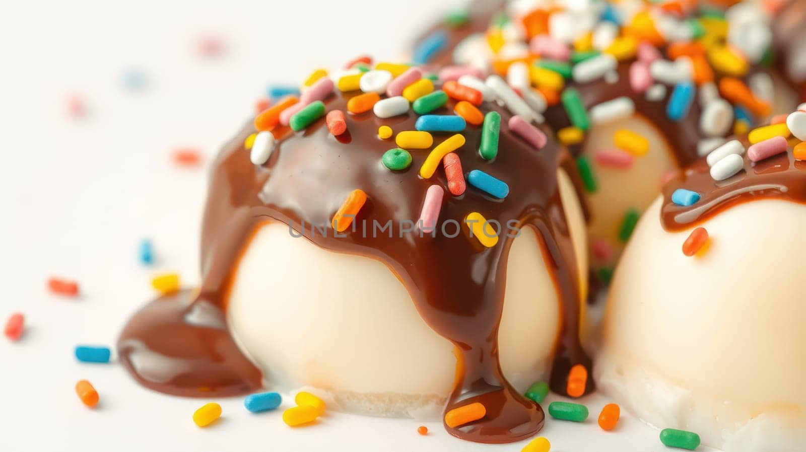 Creamy dessert features rich chocolate sauce drizzled over smooth ice cream, adorned with vibrant sprinkles, perfect for summer celebrations with friends and family.