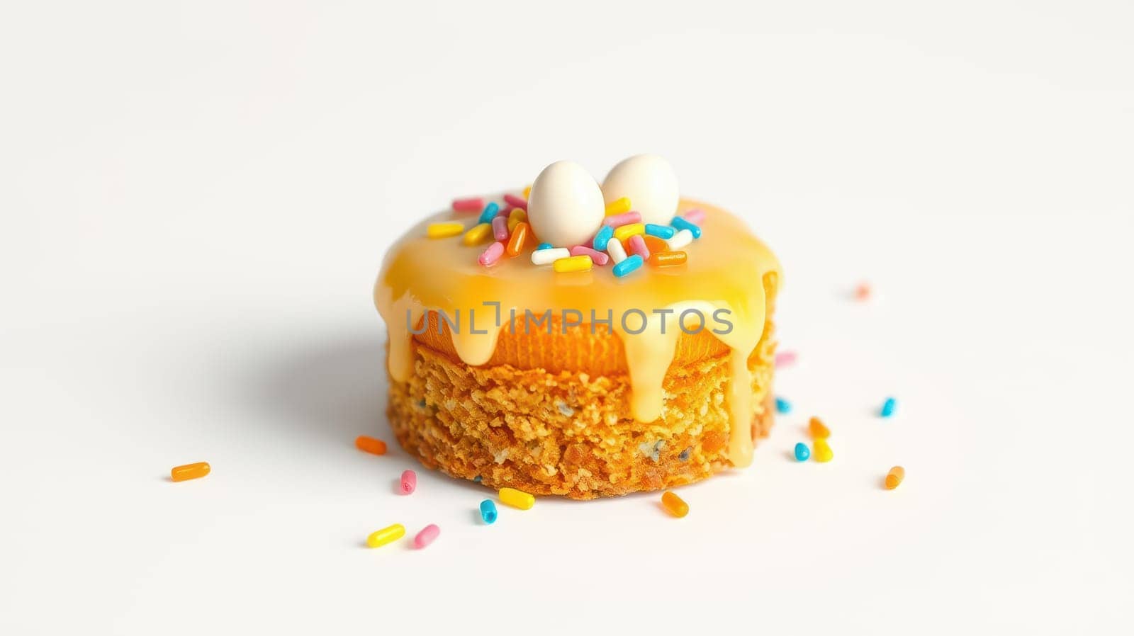 A circular dessert features a golden glaze, colorful sprinkles, and small candy eggs. It's presented on a white background, showcasing its vibrant design and tempting appearance.