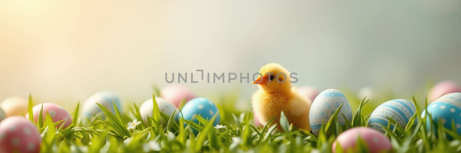 A fluffy yellow chick wanders among vibrant Easter eggs in a sunny meadow. The scene captures the joy of spring with blooming flowers and soft grass under bright light.