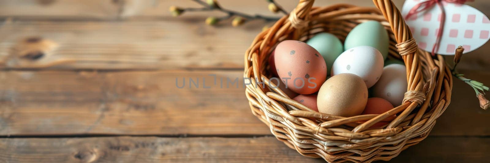 Brightly colored eggs in shades of pastel are carefully arranged in a woven basket on a rustic wooden surface, hinting at a spring celebration and Easter festivities.