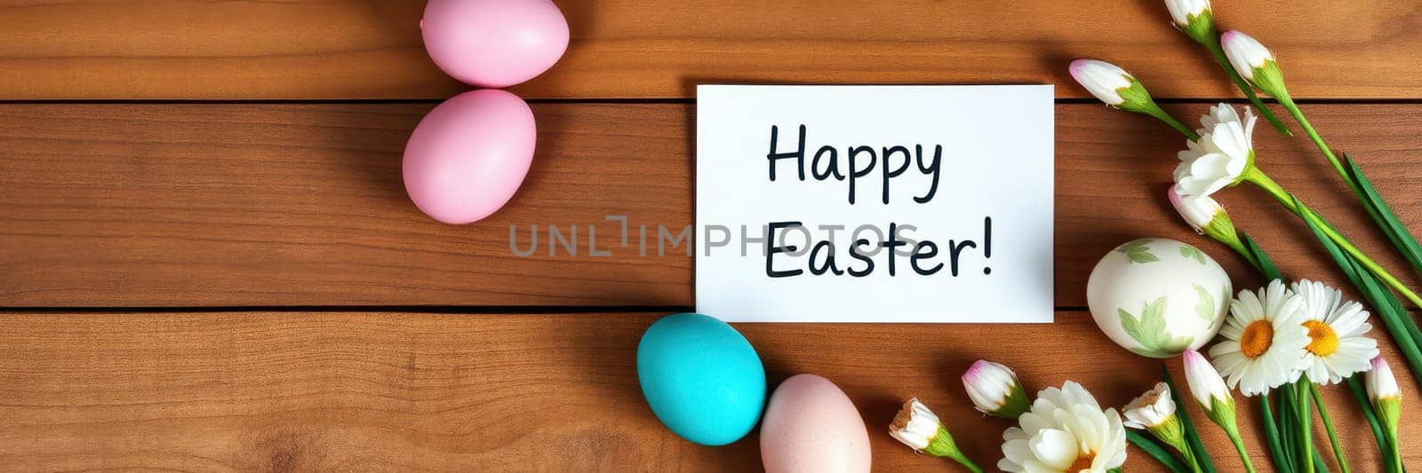 Colorful Easter eggs in pink, blue, and white are placed on a wooden table next to blooming flowers and a card wishing Happy Easter. The arrangement creates a festive atmosphere.