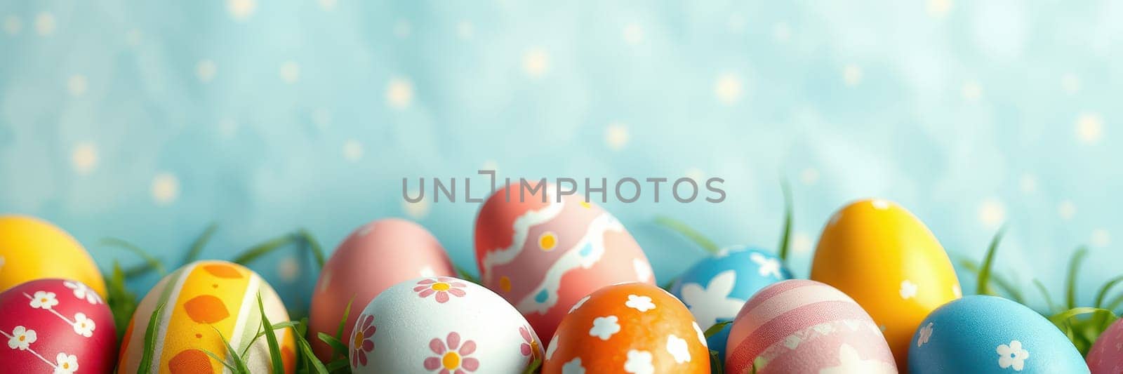 Brightly colored Easter eggs feature various designs scattered among green grass, set against a soft blue backdrop that evokes festive springtime cheer.