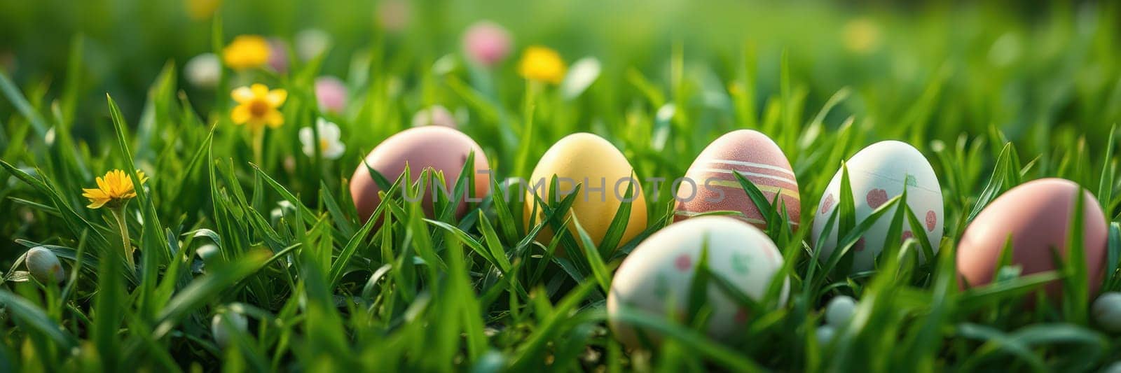 Vibrant Easter eggs are nestled in lush green grass, surrounded by blooming wildflowers. The setting captures the joy of spring festivities and holiday traditions.