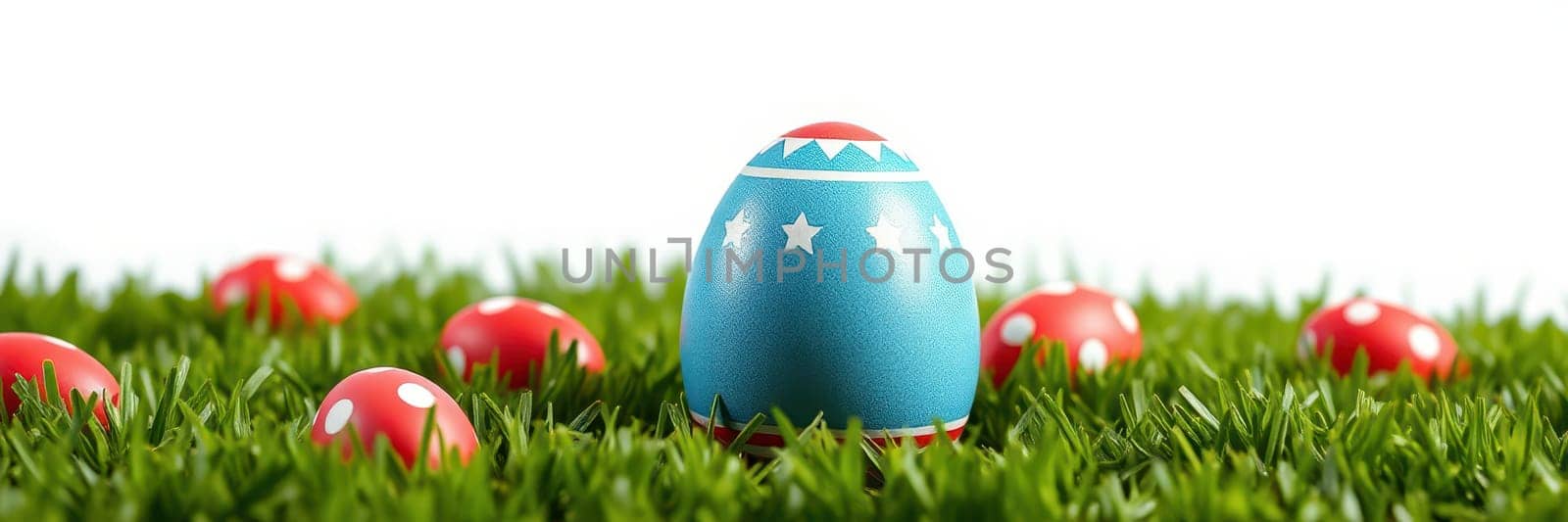 Brightly colored Easter eggs are scattered across vibrant green grass, celebrating the joyful spring season. The blue egg features decorative stars and polka dots.