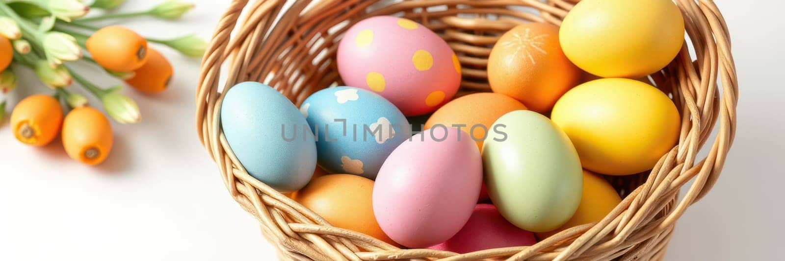 A wicker basket filled with vibrantly painted Easter eggs sits on a light surface. Fresh spring flowers are positioned beside the basket, enhancing the festive atmosphere.