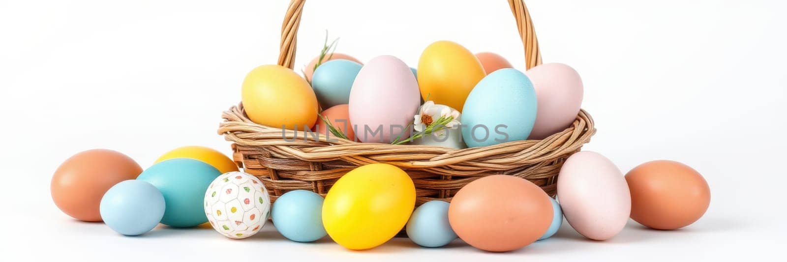 A woven basket overflowing with vibrantly colored Easter eggs placed on a white surface, symbolizing spring celebrations and joyful traditions.
