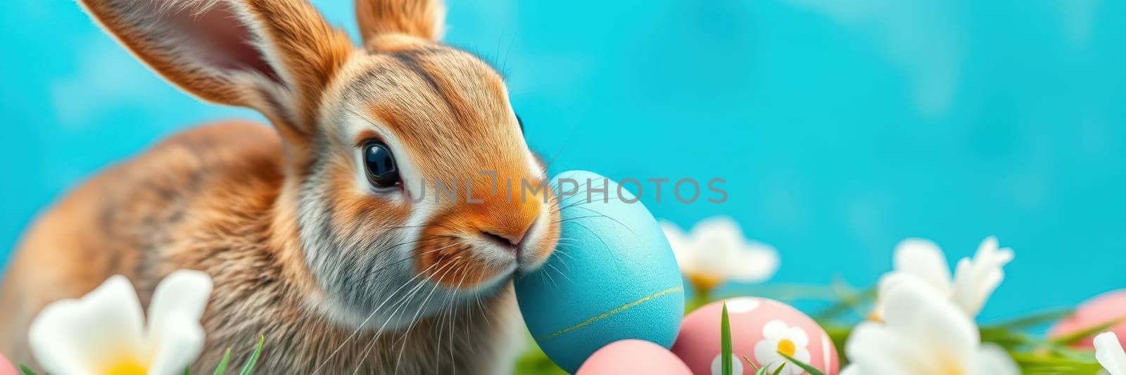 A playful bunny delicately examines a blue egg among vibrant pink eggs and fresh white flowers in a bright spring atmosphere. The setting evokes joy and celebration.