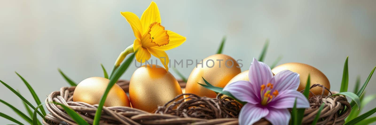 A decorative nest holds several golden eggs surrounded by fresh green grass and blooming flowers, capturing the essence of springtime festivities and renewal.