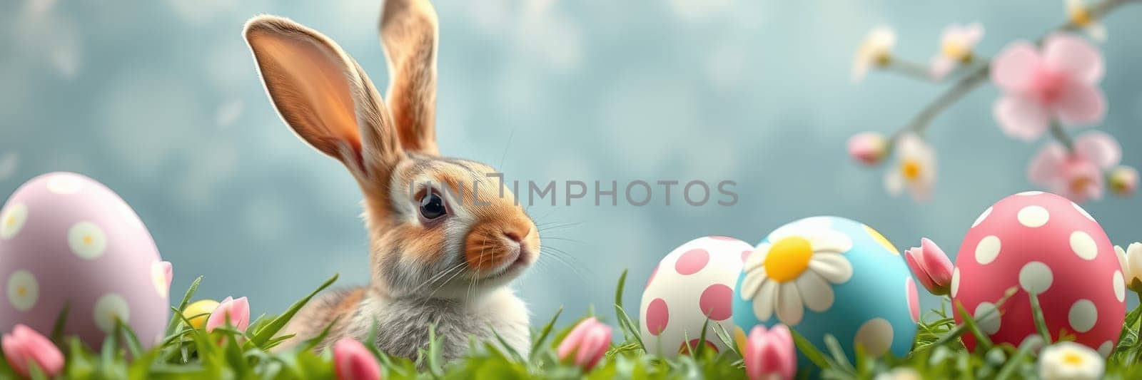 A charming rabbit sits amidst vibrant easter eggs decorated with patterns, surrounded by blooming flowers, capturing the essence of spring. The bright colors evoke a festive atmosphere.