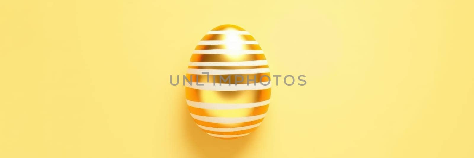 A shiny golden egg with white stripes spins slowly against a bright yellow background, capturing the essence of spring festivities and Easter traditions.