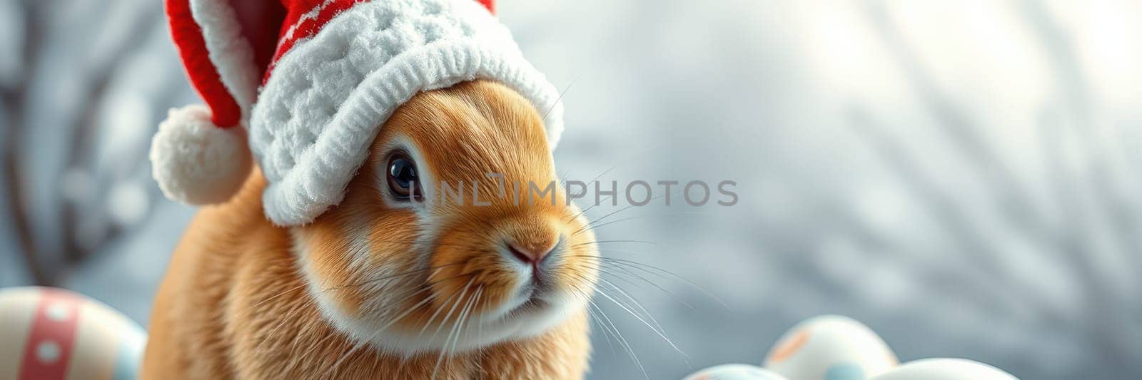 A fluffy rabbit is seen wearing a cozy Santa hat, sitting amid colorful Christmas ornaments. The atmosphere reflects a joyful holiday spirit, perfect for winter celebrations.
