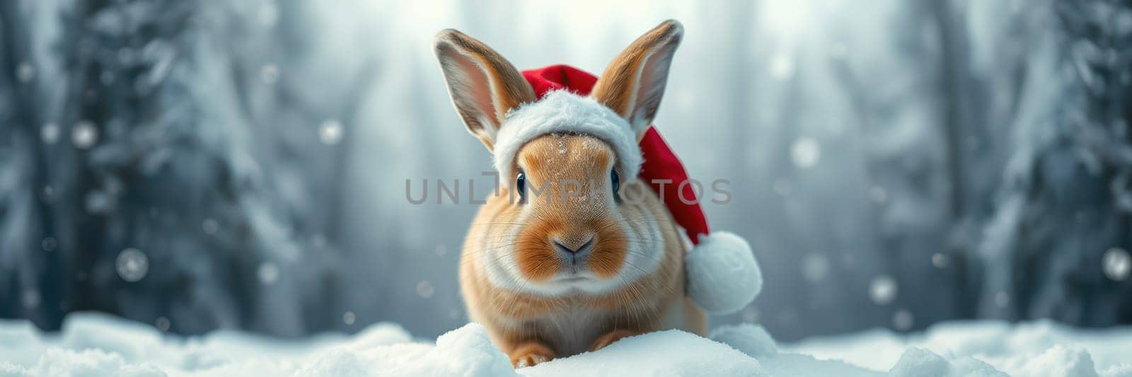 A rabbit wearing a festive Santa hat rests in the snow, surrounded by tall trees blanketed with snowflakes. The serene winter environment enhances the holiday spirit.