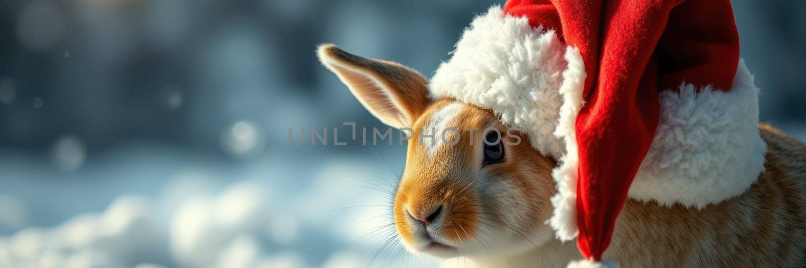 A rabbit wearing a cheerful red Santa hat sits amidst a snowy setting. The scene radiates a warm, festive atmosphere, capturing the essence of winter holidays and charm.