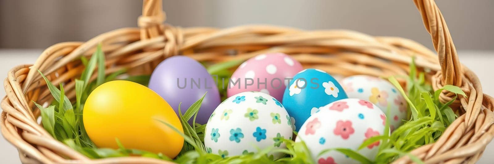 A wicker basket filled with vibrant Easter eggs rests on a table. The eggs are adorned with bright colors and unique patterns, surrounded by fresh green grass, creating a festive atmosphere.