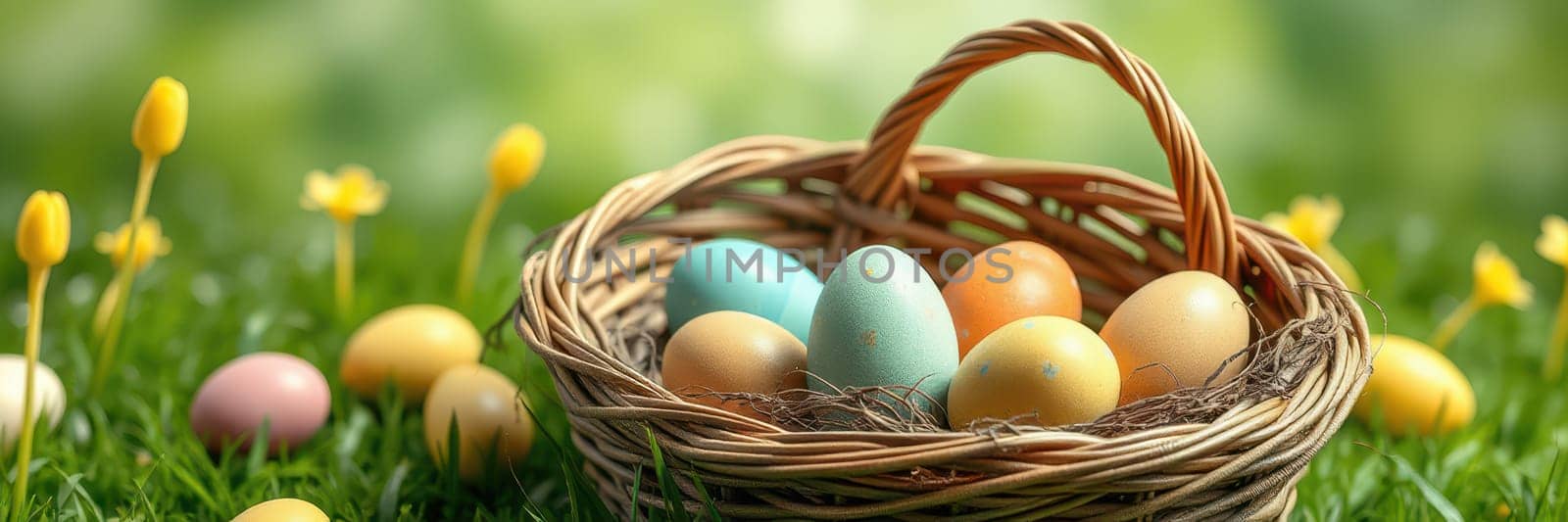 A woven basket filled with pastel-colored eggs sits on lush green grass. Yellow flowers bloom nearby, creating a cheerful spring ambiance perfect for Easter celebrations.