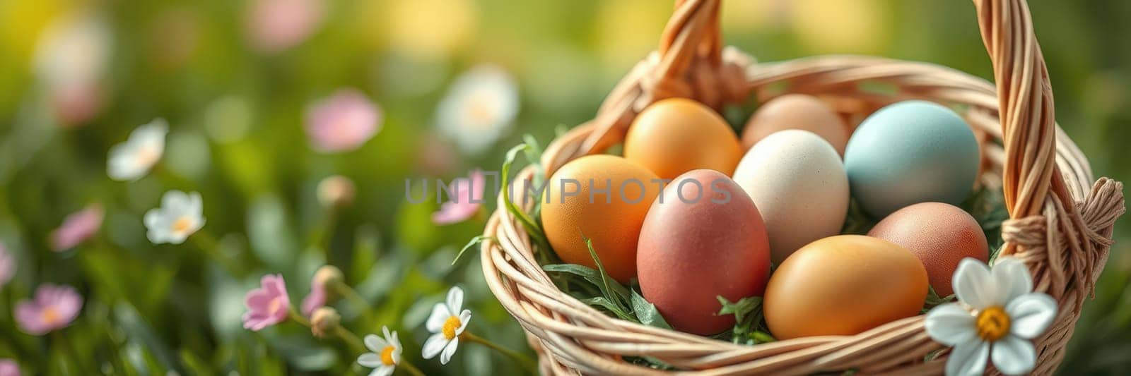 A woven basket filled with vibrant Easter eggs sits nestled among blooming flowers in a garden. Spring sunlight highlights the cheerful colors, creating a festive atmosphere.