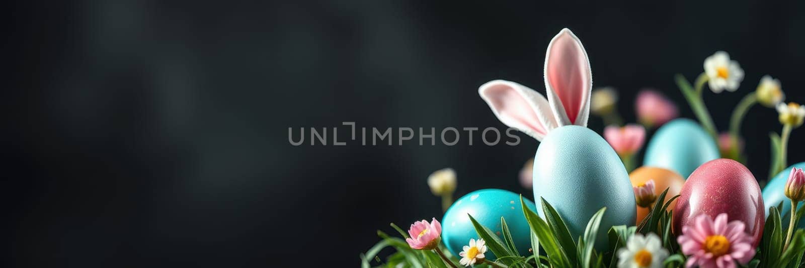 Brightly colored Easter eggs are nestled among green grass and blooming flowers, while a pair of playful bunny ears peeks out, creating a joyful spring atmosphere.