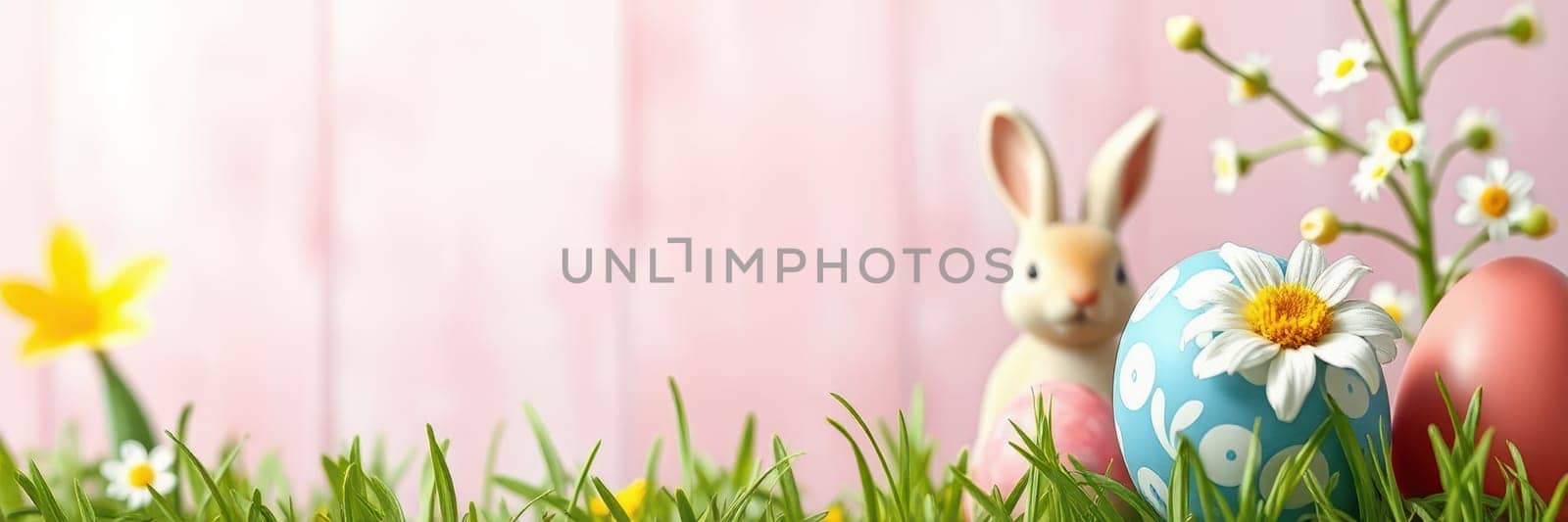 Brightly colored Easter eggs are nestled in green grass, accompanied by a charming bunny and delicate flowers. This vibrant spring scene captures the essence of celebration.