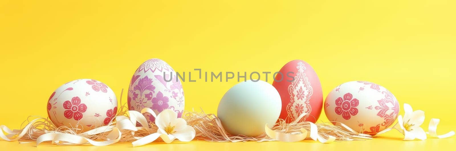 Five beautifully decorated Easter eggs are displayed on a vibrant yellow background, accompanied by flowers and straw, creating a cheerful holiday atmosphere.