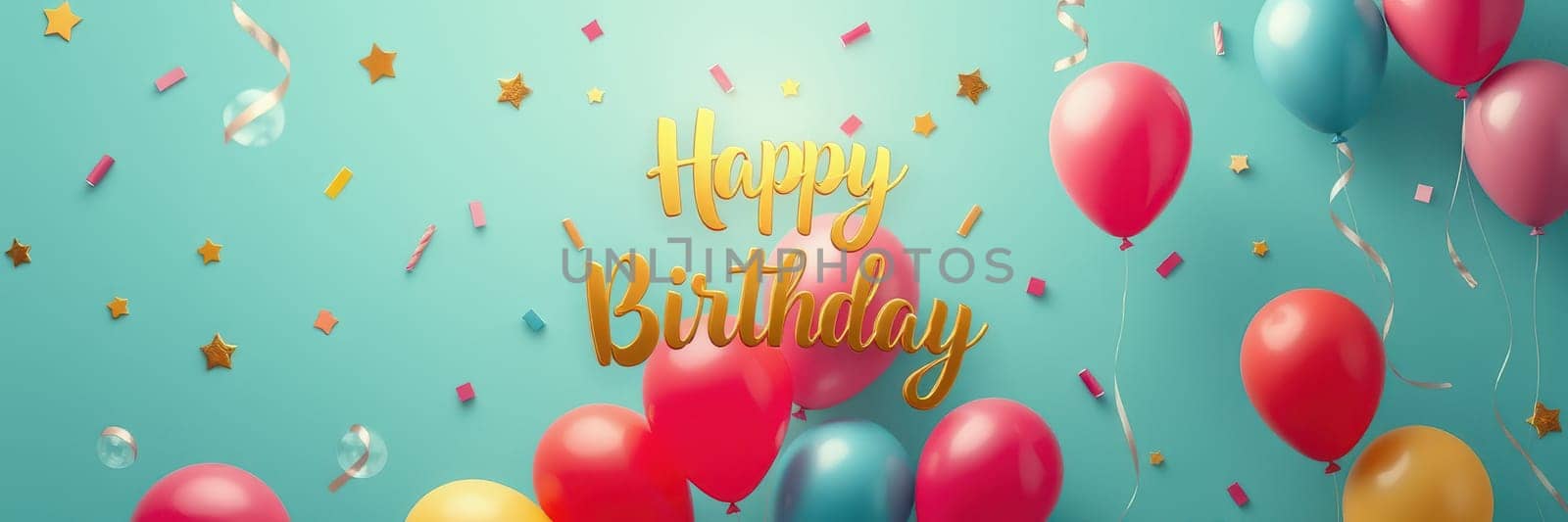 A vibrant backdrop features various balloons and gold text saying happy birthday, sprinkled with colorful confetti and streamers, perfect for a festive celebration.