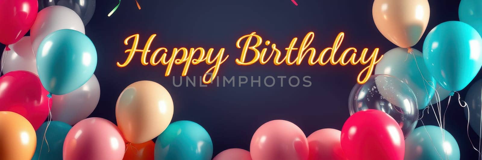 A vibrant arrangement of colorful balloons surrounds a cheerful birthday message, creating a joyful atmosphere perfect for party celebrations and gatherings.