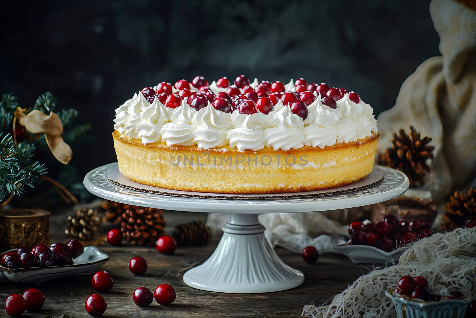 A Christmas cake with white cream and cranberries on a stand. AI generated.