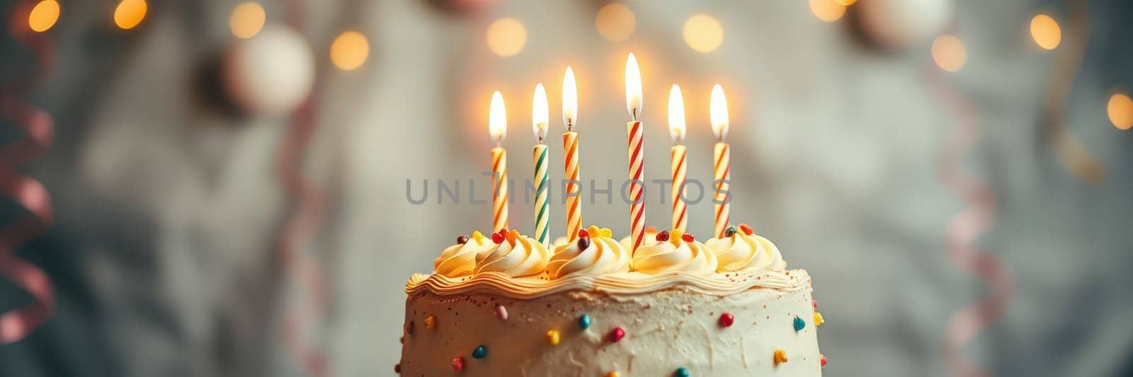 A beautifully decorated cake topped with lit candles glows warmly in a festive setting. Colorful decorations and soft lighting add to the joyful atmosphere of the birthday celebration.