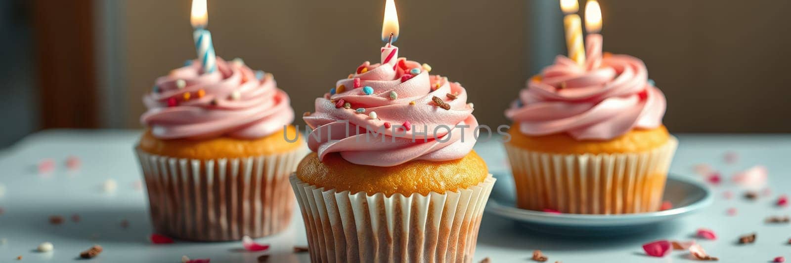 Three delicious cupcakes with pink frosting and colorful sprinkles sit on a table, each topped with a lit birthday candle, perfect for a celebration.