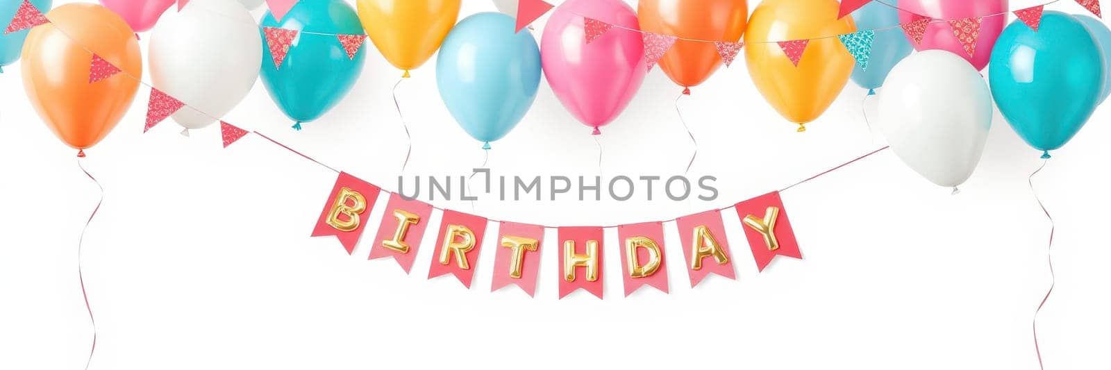 A vibrant display of balloons in various colors hangs above a joyful birthday banner, setting a cheerful mood for a special birthday celebration filled with fun and laughter.
