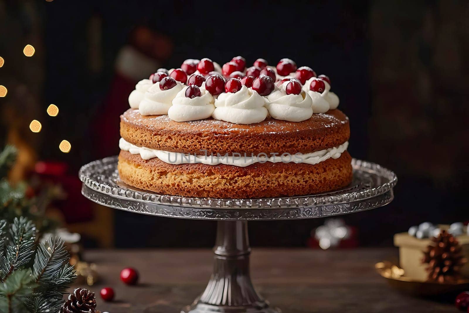 A Christmas cake with white cream and cranberries on a stand. AI generated.