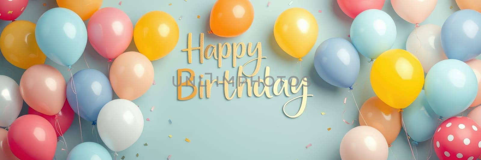 Brightly colored balloons surround the words happy birthday on a light blue background. Confetti adds a festive touch, creating a cheerful atmosphere for celebrations.