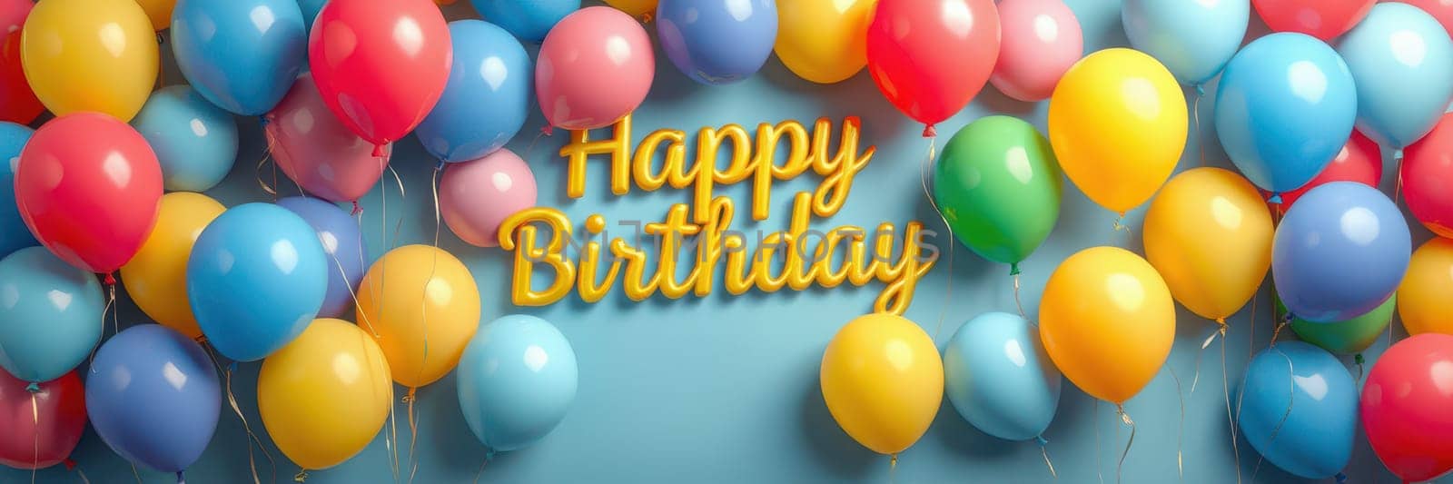 A vibrant display of pink, yellow, blue, and red balloons surrounds a cheerful birthday message. The colorful setup evokes joy and excitement for the special occasion.