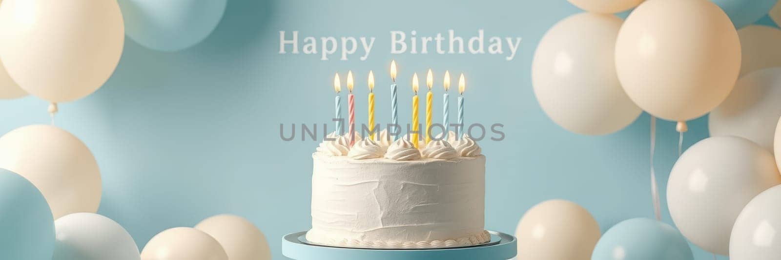 A delightful birthday celebration takes place with a decorated cake featuring lit candles, surrounded by balloons in a cheerful setting adorned with a festive message.
