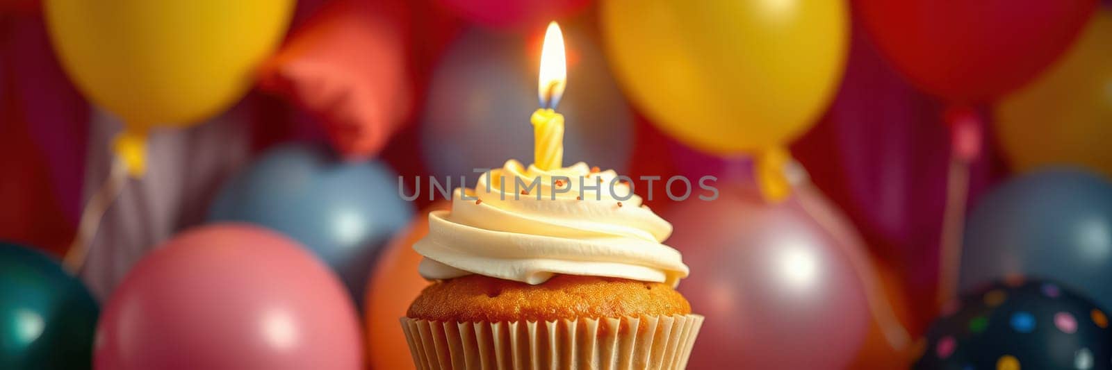 A cheerful birthday scene features a delicious cupcake with frosting and a lit candle. Colorful balloons create a festive atmosphere, perfect for celebrating a special occasion.