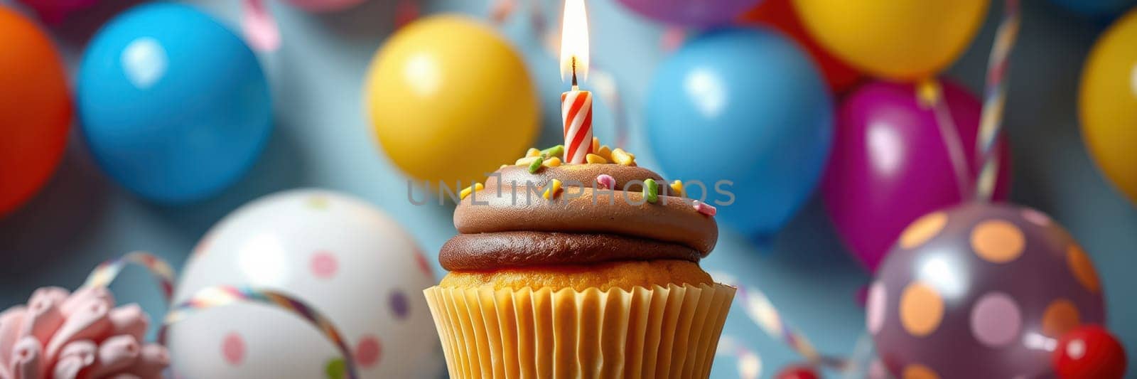 A bright cupcake topped with chocolate frosting and a candle stands out against a background of vibrant balloons and decorations, creating a festive birthday vibe.