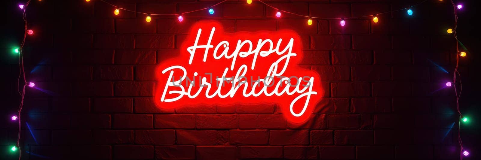 A striking neon sign displaying Happy Birthday stands out against a dark brick background decorated with vibrant, colorful lights, setting a joyful ambiance for the celebration.