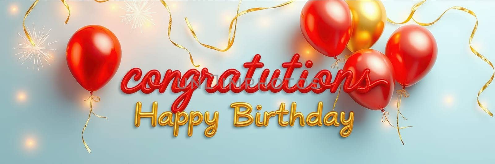 Festive decorations featuring red and gold balloons alongside celebratory text convey joy and excitement during a birthday party. The bright colors enhance the cheerful ambiance.