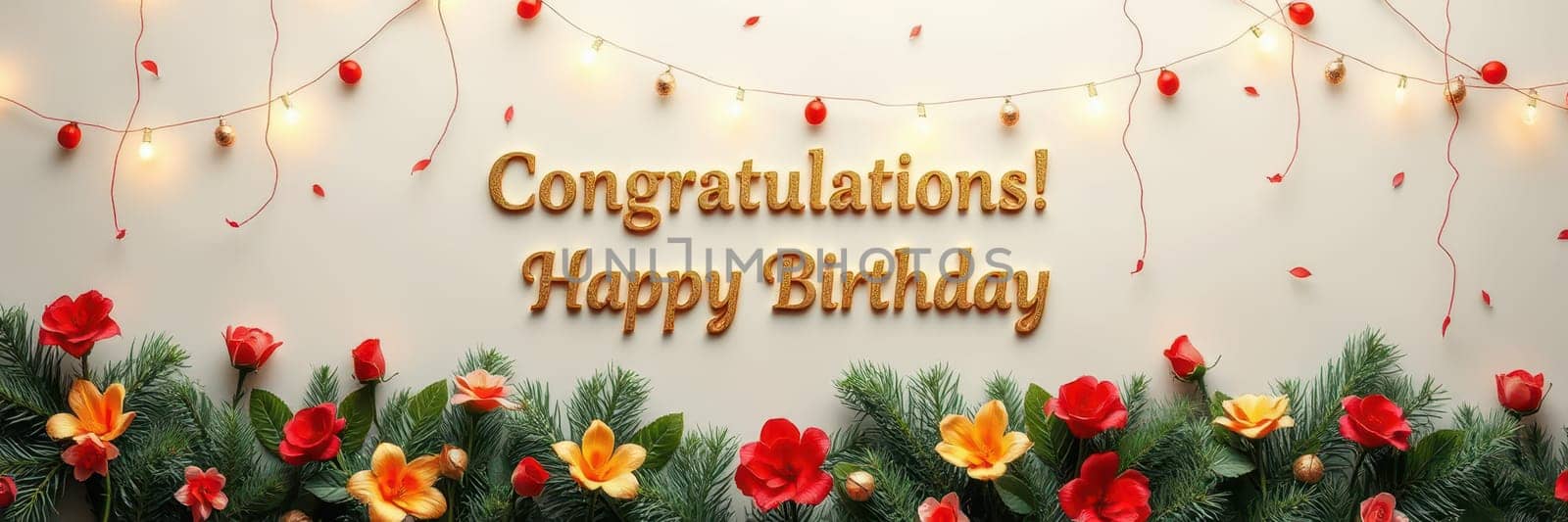 Colorful birthday decorations adorn the wall, featuring flowers and string lights. The words Congratulations and Happy Birthday convey heartfelt wishes for a festive celebration.