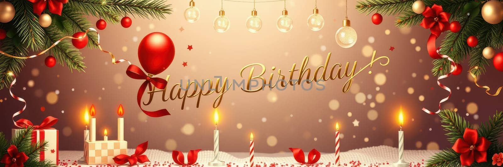 A cheerful birthday celebration features a collection of wrapped gifts, red balloons, and colorful candles surrounded by festive decorations on a soft surface, creating a warm ambiance.