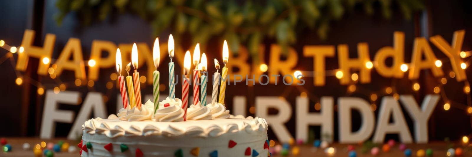 A beautifully decorated cake with lit candles sits in front of a banner celebrating a birthday. Colorful confetti adds to the festive atmosphere, creating a joyful scene.